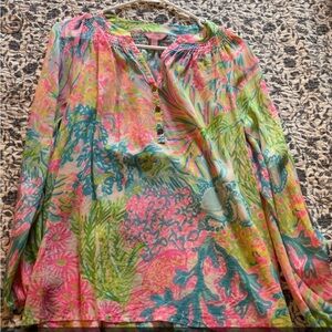 Lilly Pulitzer Pink and Green Long Sleeve Graphic Blouse